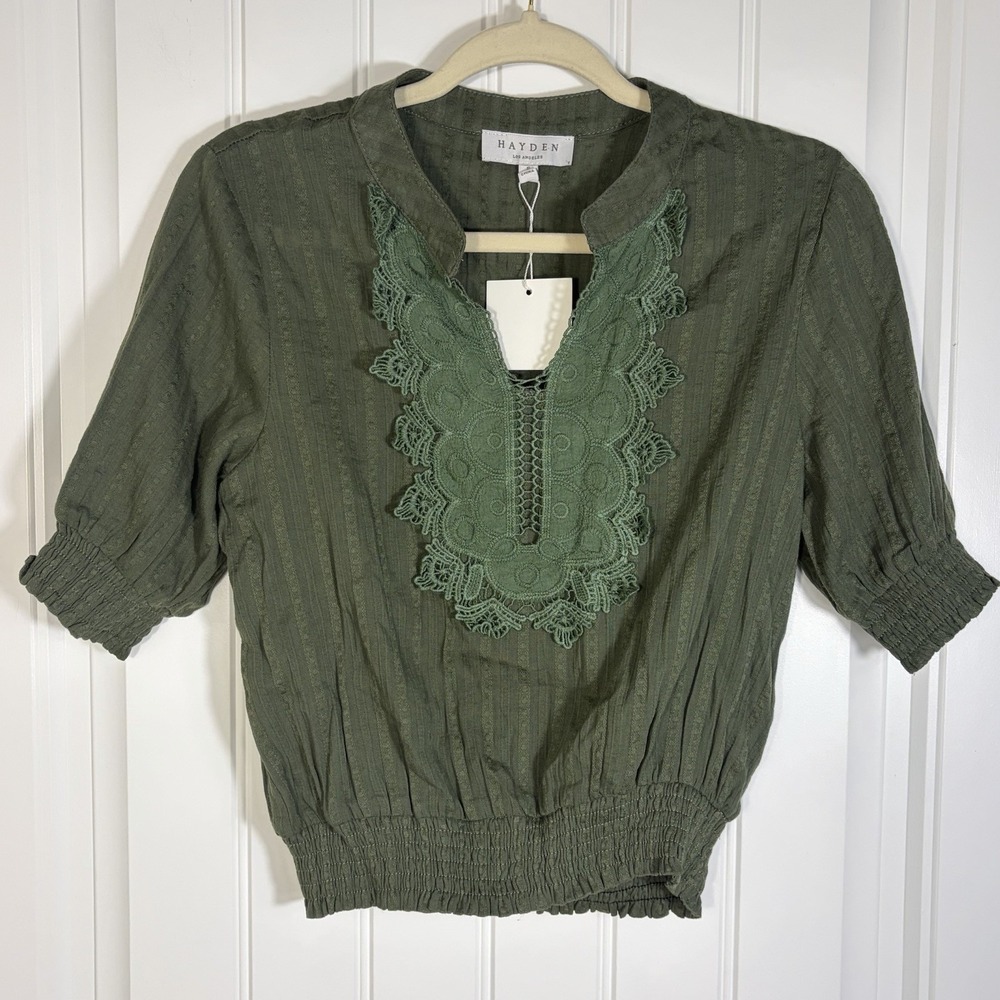 Hayden Los Angeles Olive Green Lace Trim Boho Peasant Blouse Size Small